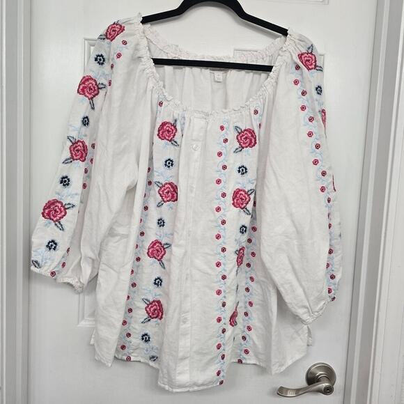 Women Plus Sz 2X Embroidered Peasant Blouse White Pink Floral Boho Linen Resort - Picture 2 of 9